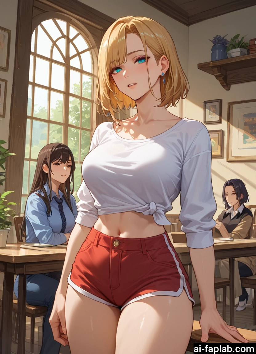 multiple girls, shorts, blonde hair, navel, jewelry, breasts