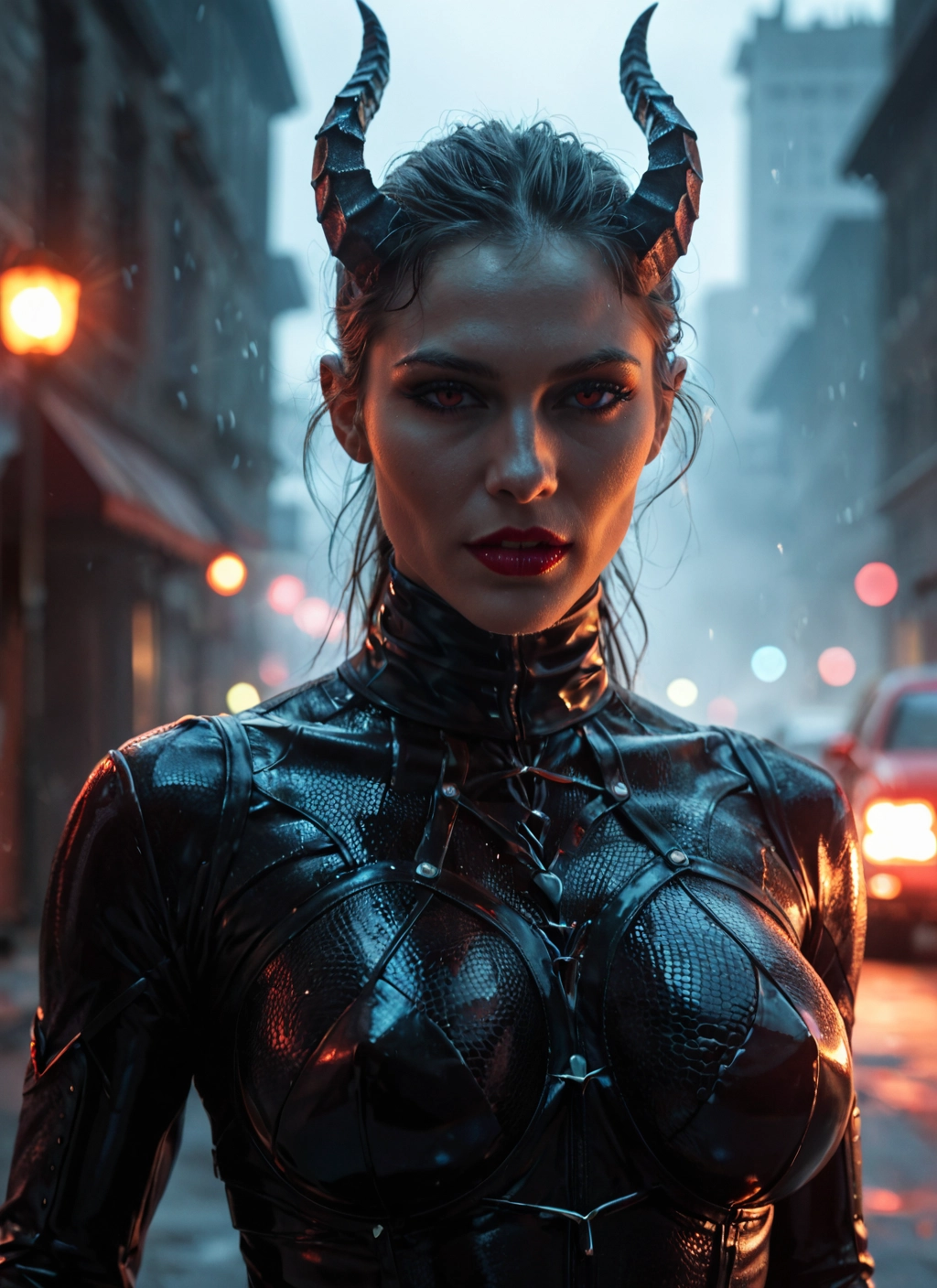 1girl, horns, solo, looking at viewer, breasts, bodysuit · Yamete.gg