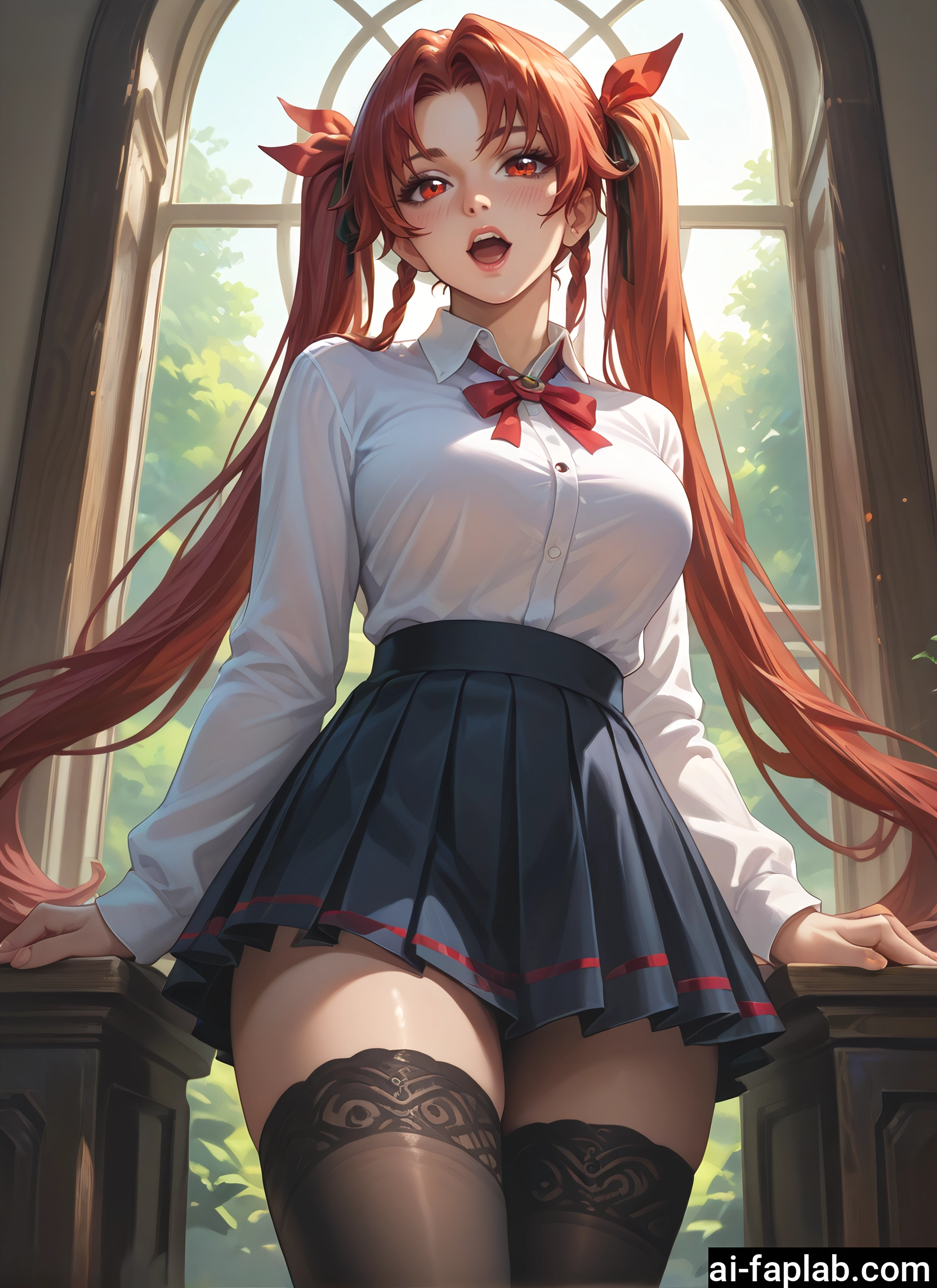 1girl, thighhighs, skirt, twintails, breasts, solo · Yamete.gg