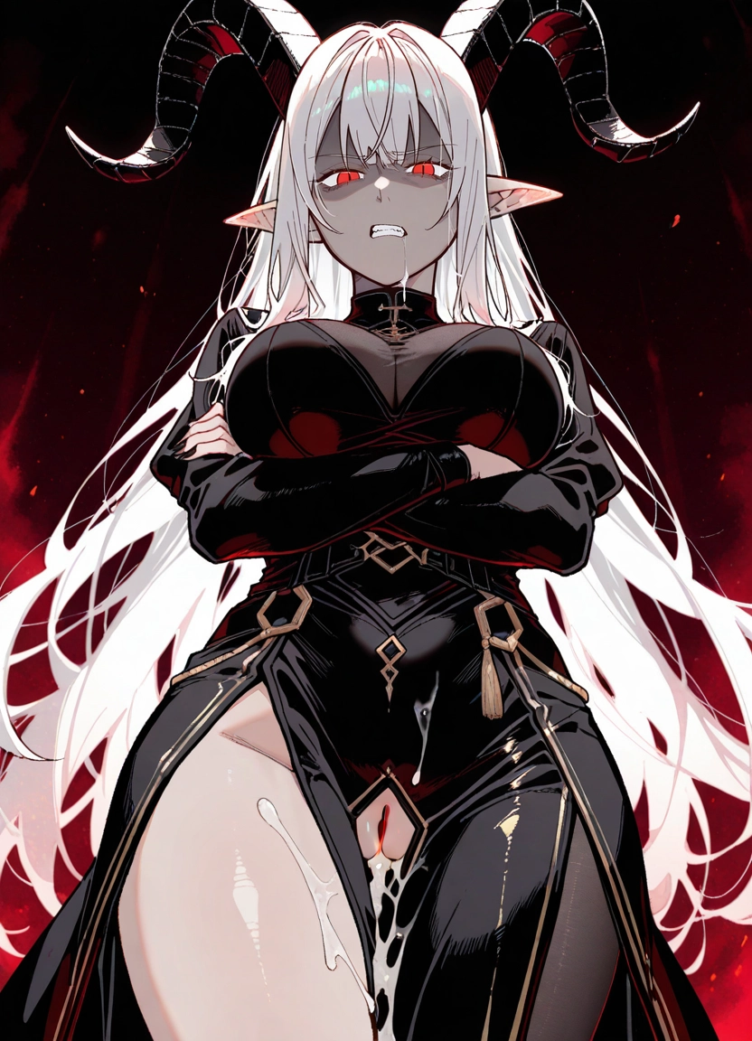 1girl, solo, horns, red eyes, crossed arms, breasts