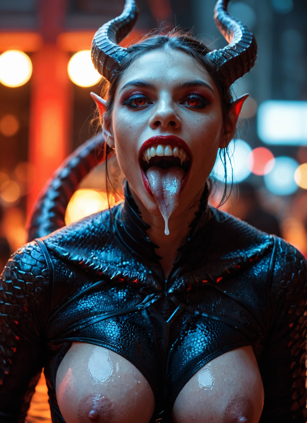 1girl, horns, breasts, nipples, solo, tongue · Yamete.gg