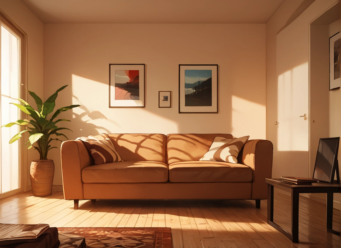 no humans, couch, indoors, plant, scenery, potted plant