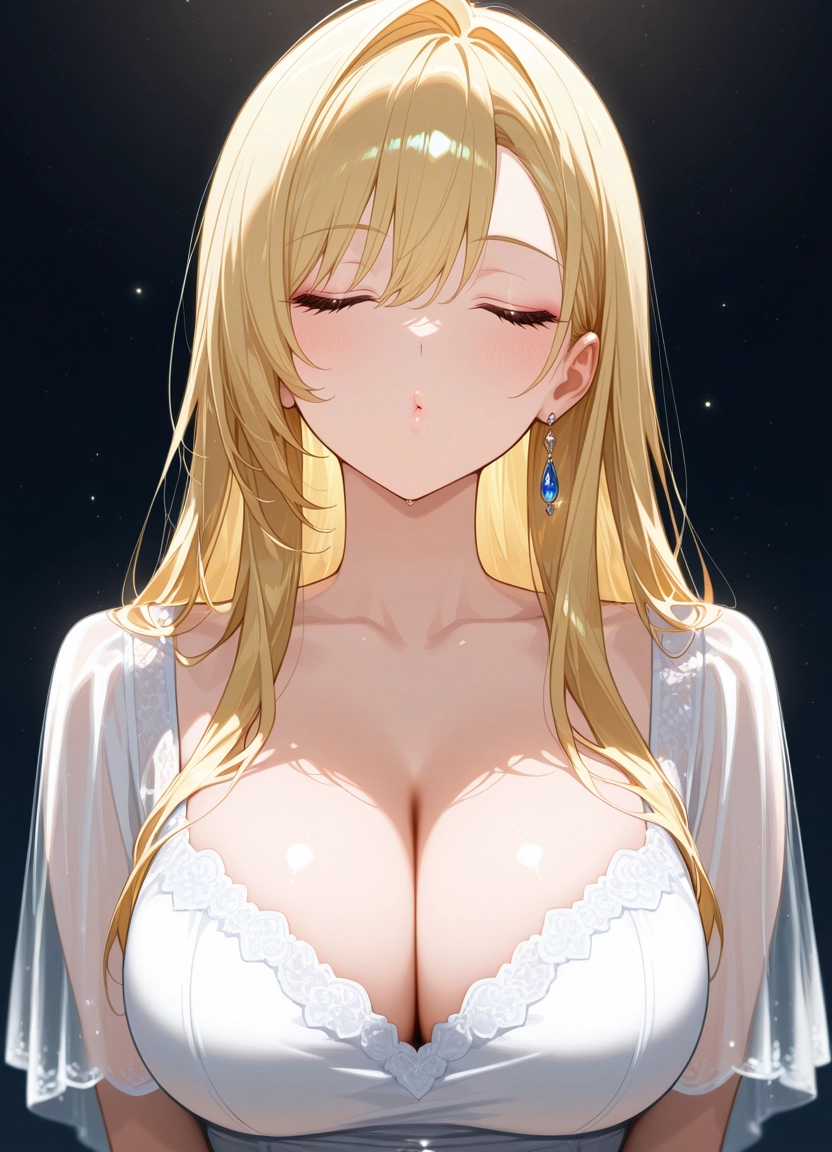 1girl, breasts, solo, cleavage, blonde hair, closed eyes · Yamete.gg