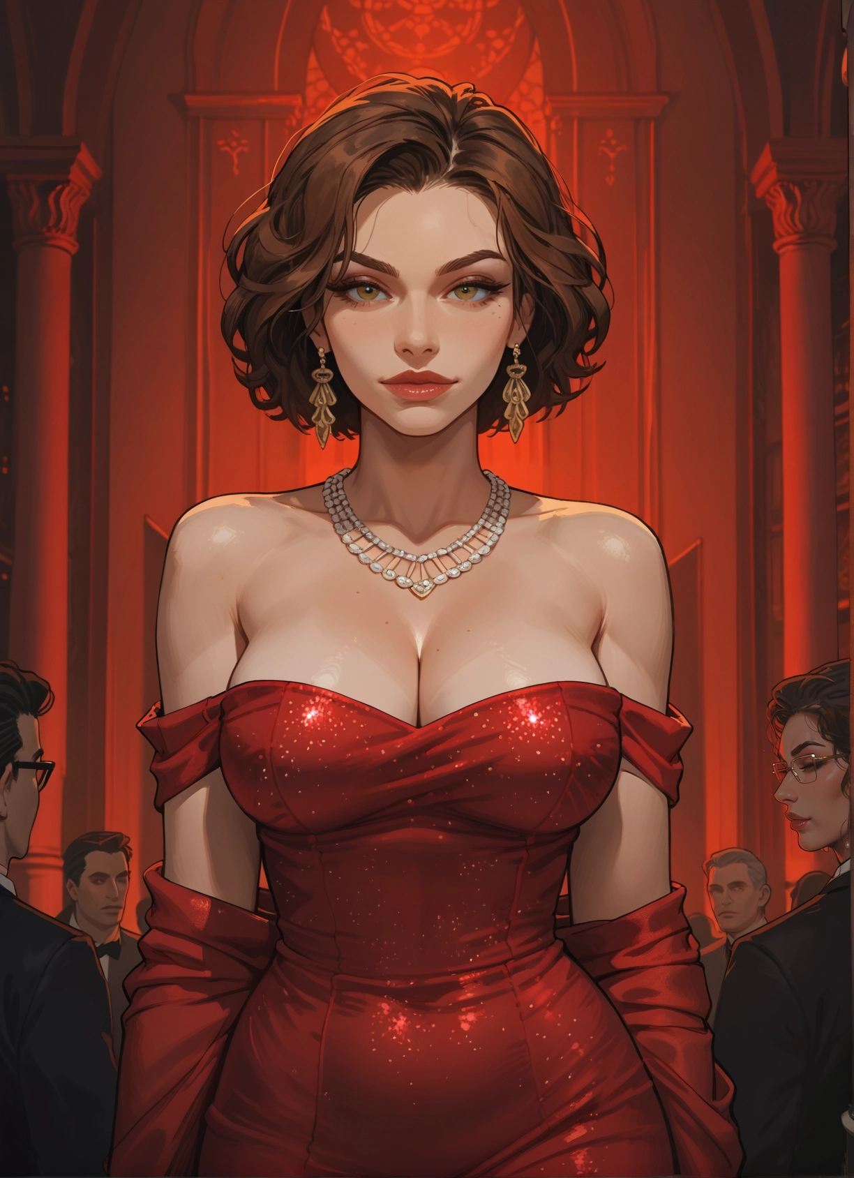 breasts, dress, jewelry, earrings, cleavage, brown hair · Yamete.gg