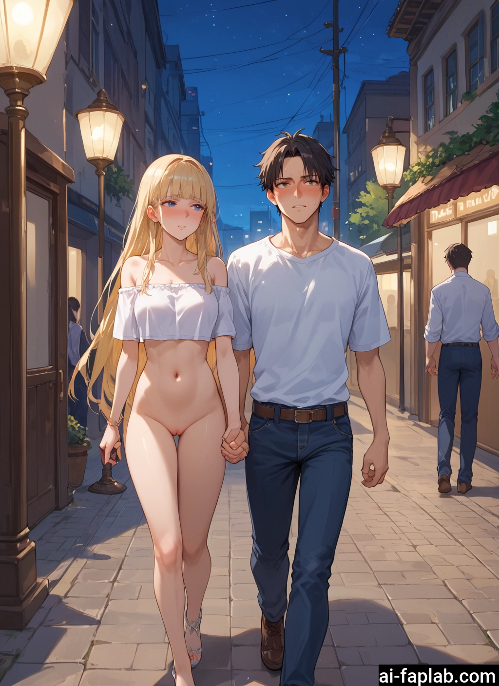 blonde hair, pussy, long hair, navel, holding hands, breasts · Yamete.gg