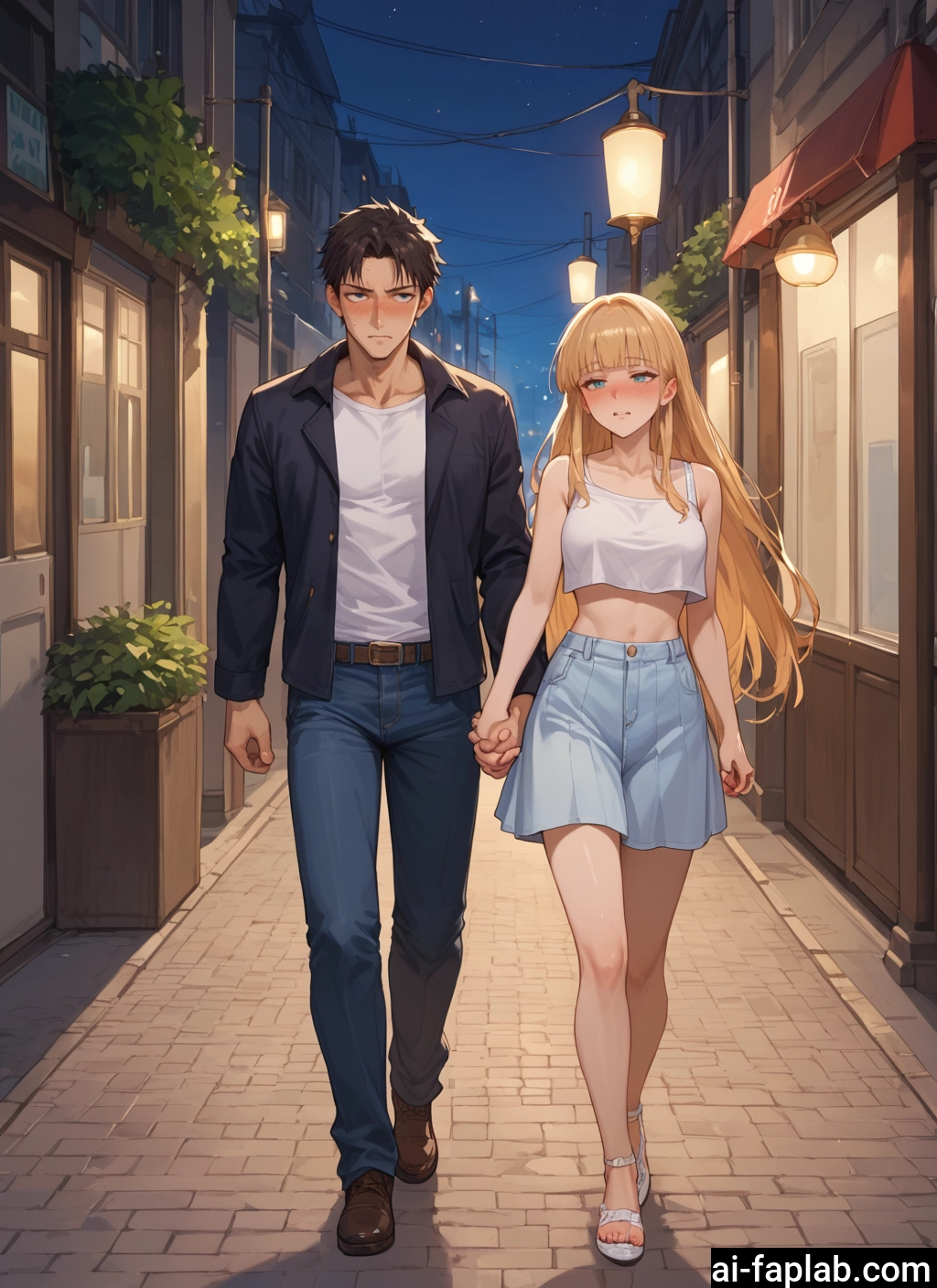 1girl, 1boy, long hair, blonde hair, blush, holding hands · Yamete.gg