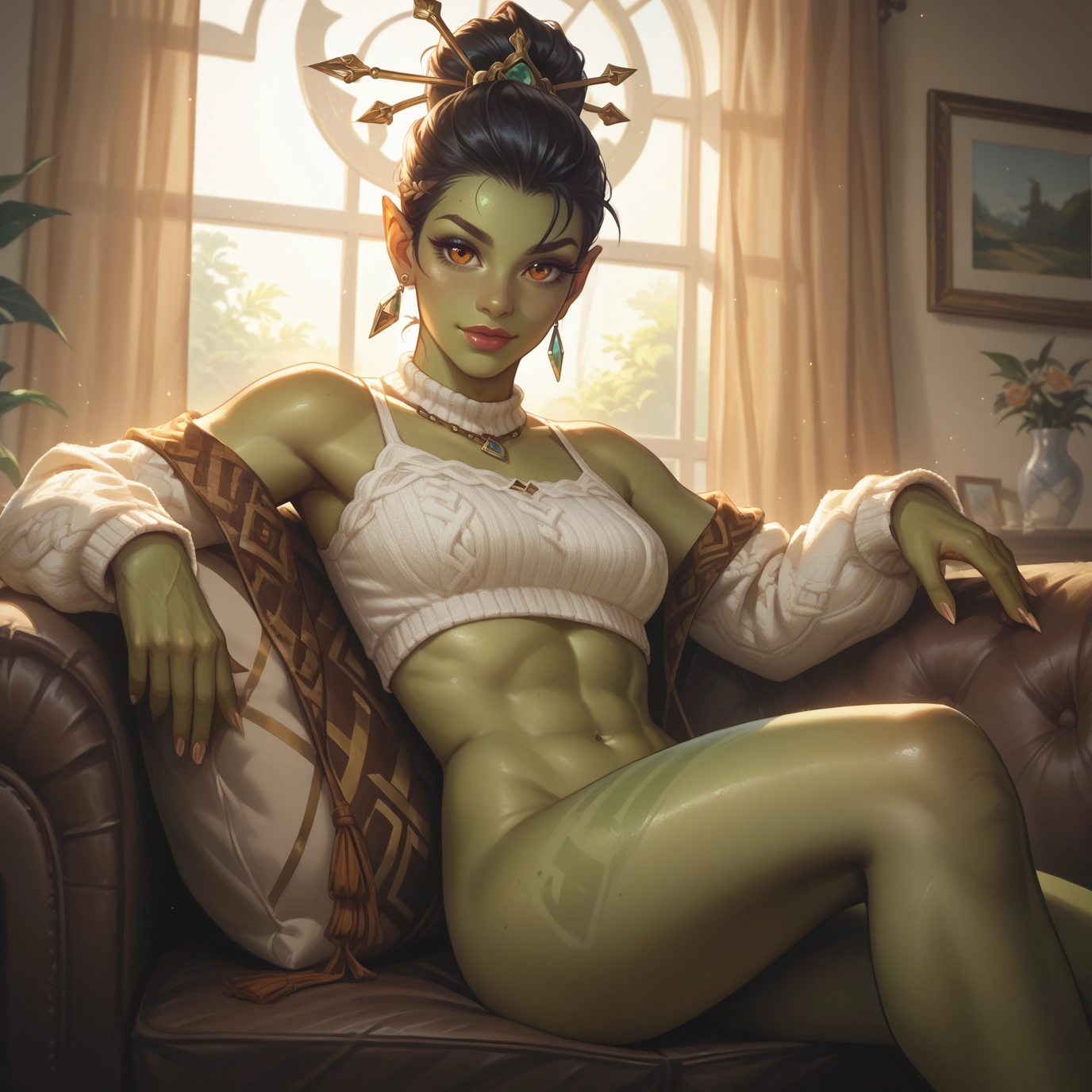 1girl, solo, colored skin, green skin, pointy ears, abs · Yamete.gg