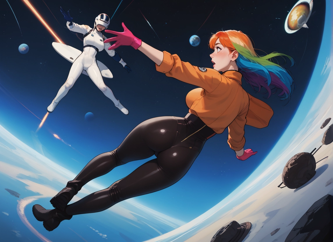 ass, space, gloves, multicolored hair, orange hair, planet · Yamete.gg