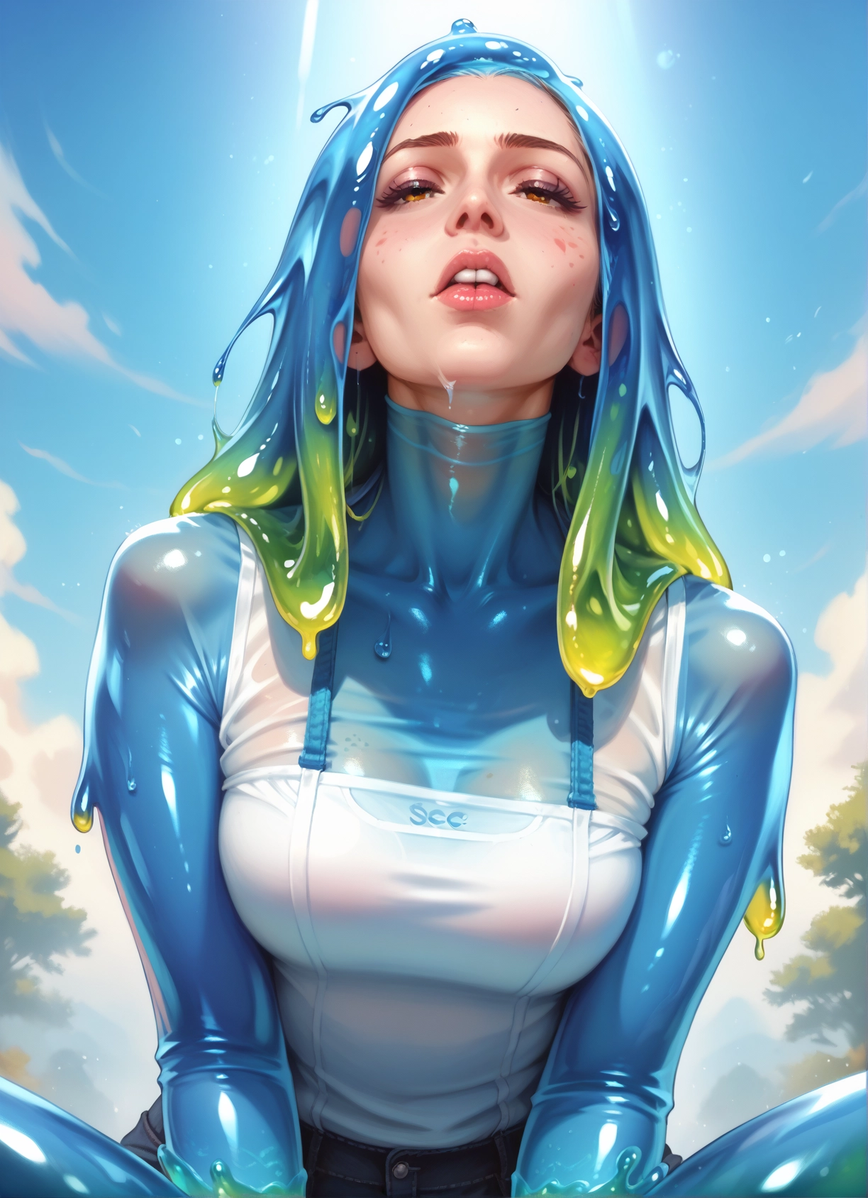 1girl, solo, breasts, slime girl, wet, sky · Yamete.gg