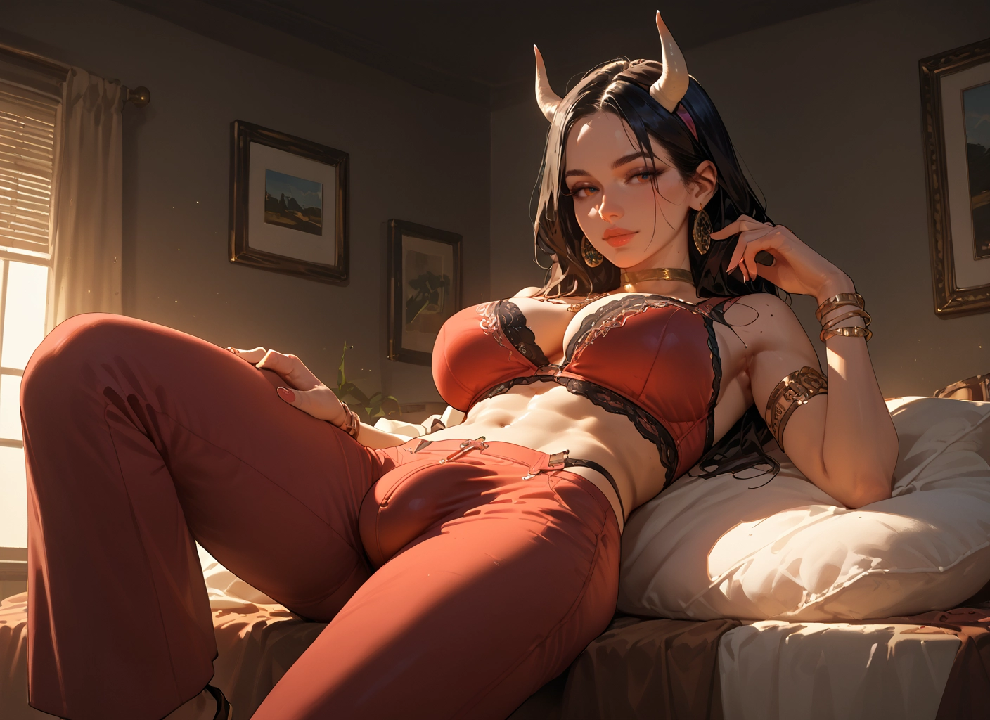 1girl, horns, breasts, jewelry, underwear, bra · Yamete.gg