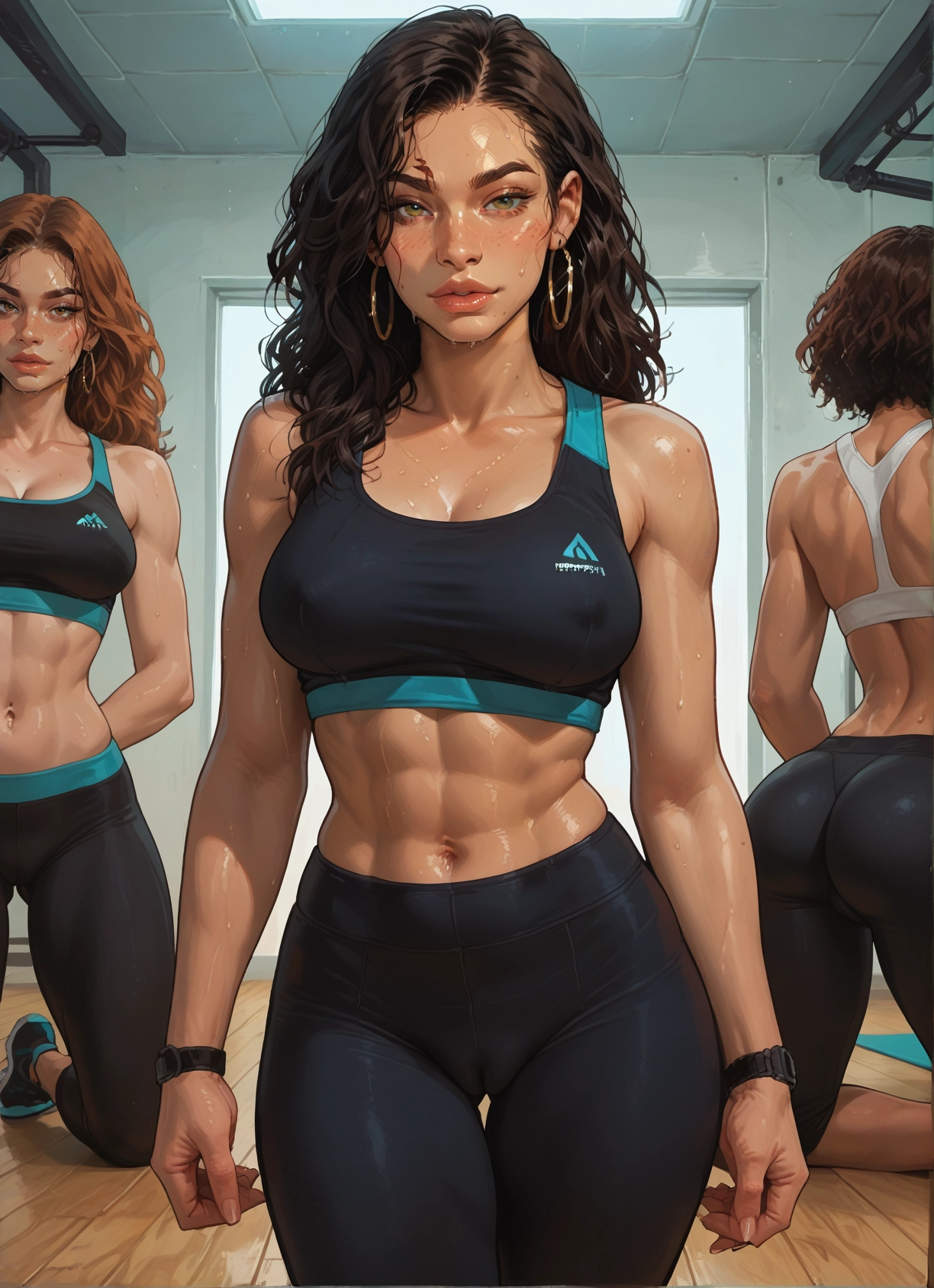 breasts, ass, jewelry, earrings, multiple girls, sweat · Yamete.gg