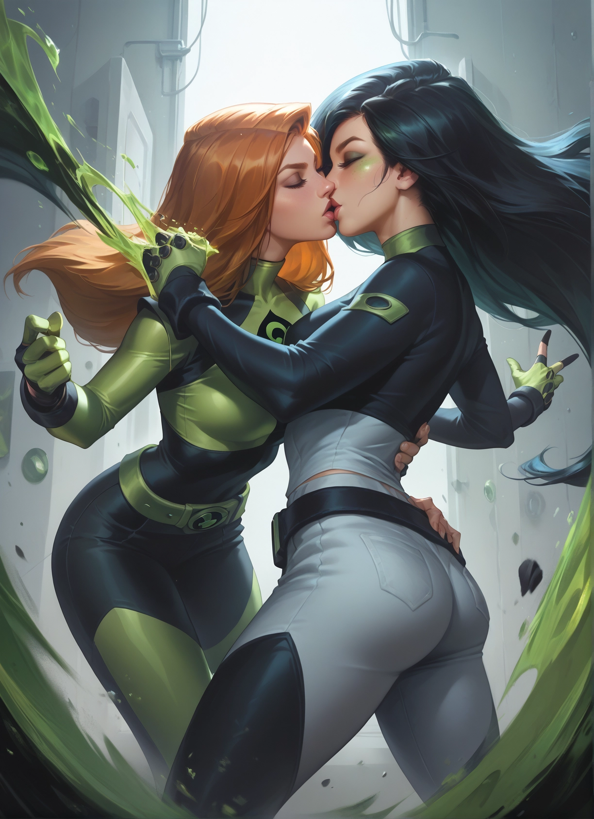 multiple girls, 2girls, kiss, yuri, closed eyes, ass · Yamete.gg