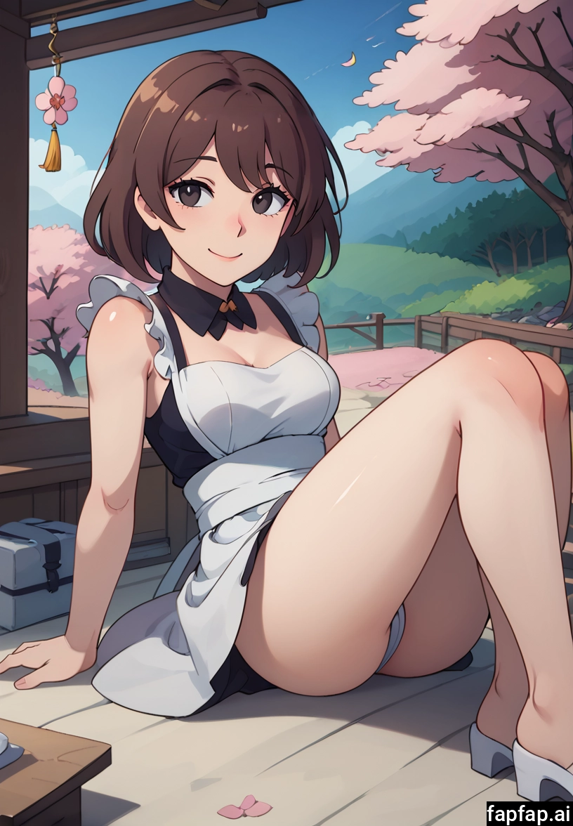 1girl, brown hair, solo, cherry blossoms, breasts, sitting · Yamete.gg