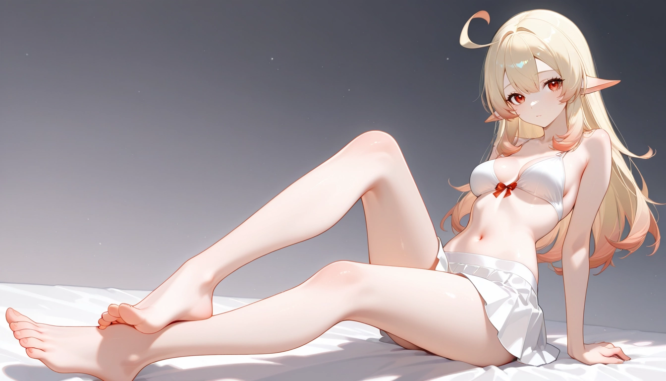 1girl, solo, skirt, barefoot, white skirt, ahoge · Yamete.gg