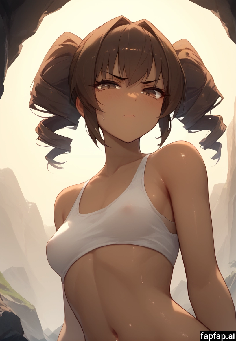 1girl, solo, breasts, dark skin, brown hair, navel