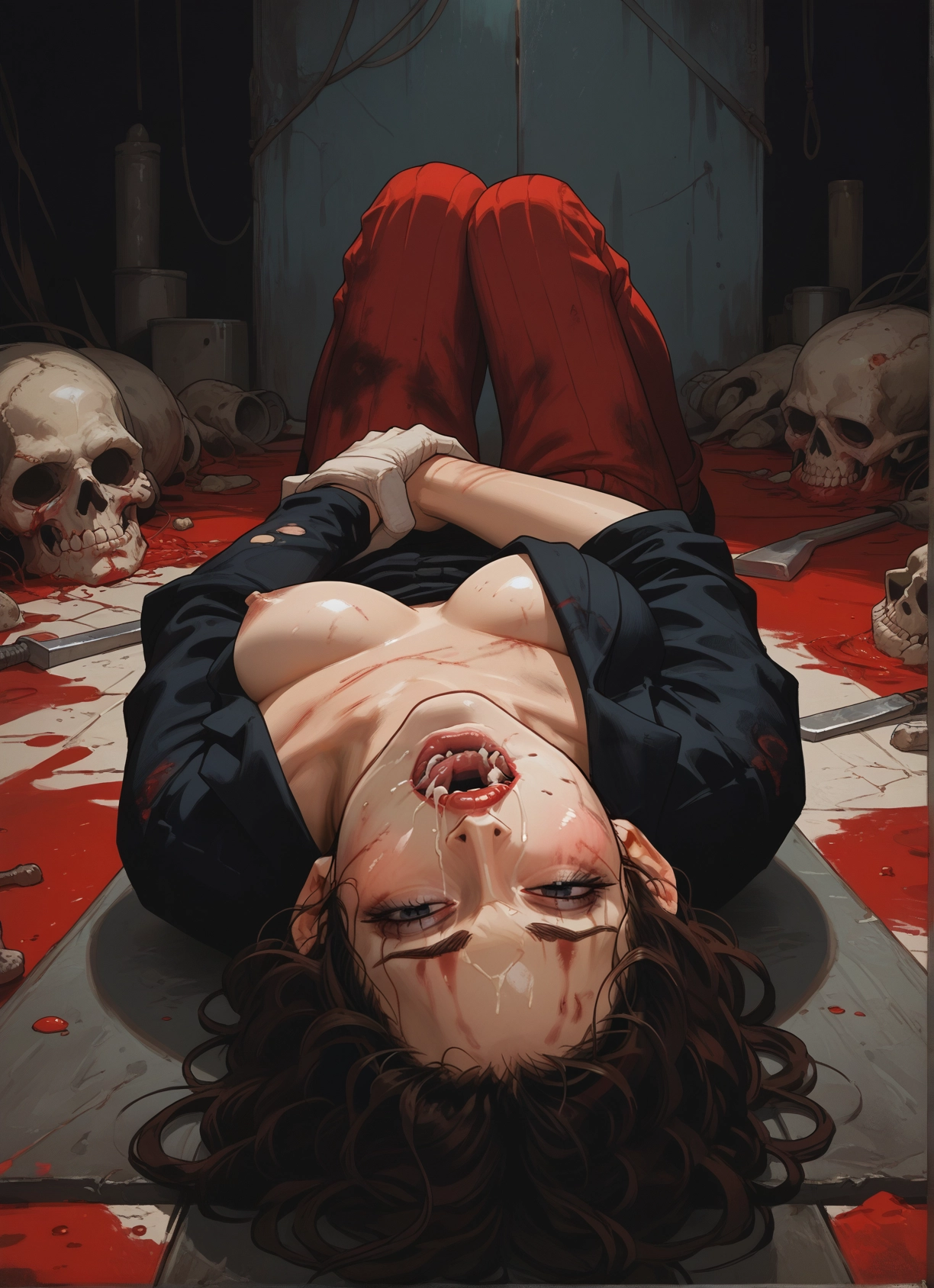 1girl, breasts, skull, nipples, gloves, brown hair · Yamete.gg