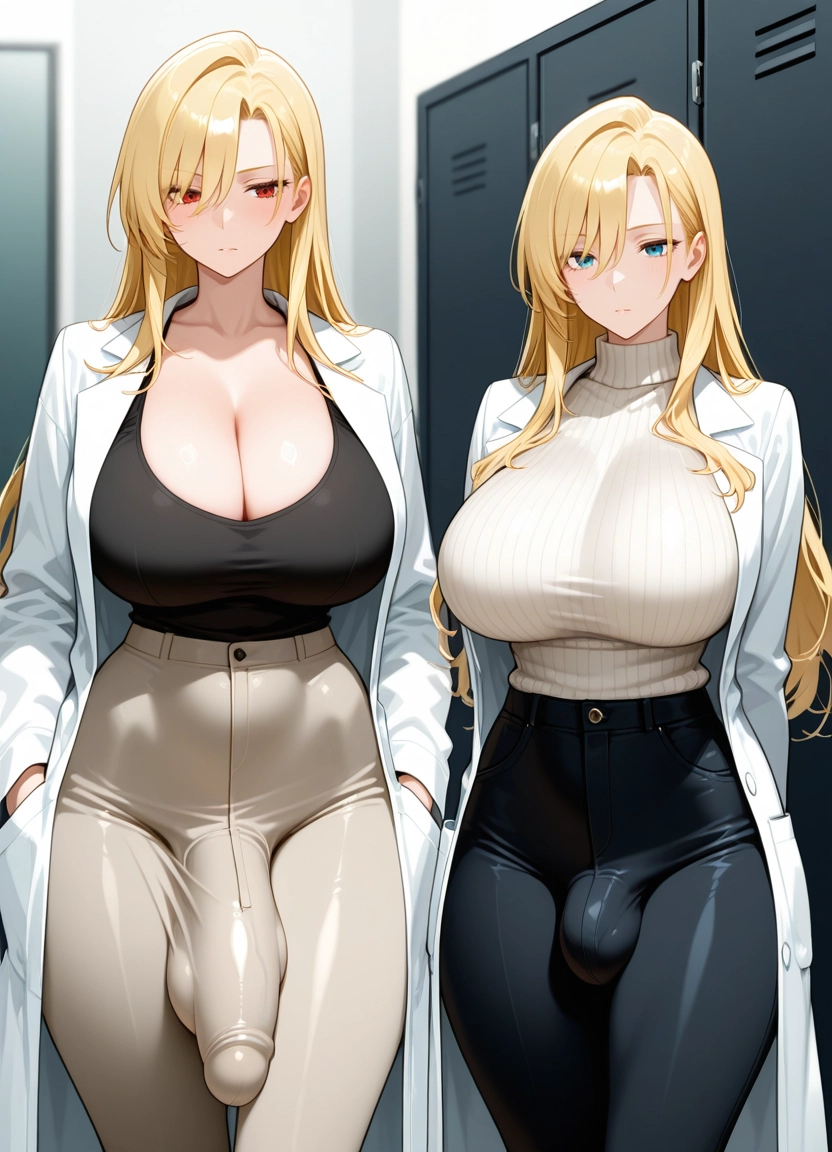 futanari, breasts, pants, 1girl, blonde hair, long hair