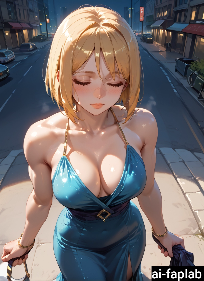 1girl, breasts, dress, blonde hair, closed eyes, cleavage · Yamete.gg