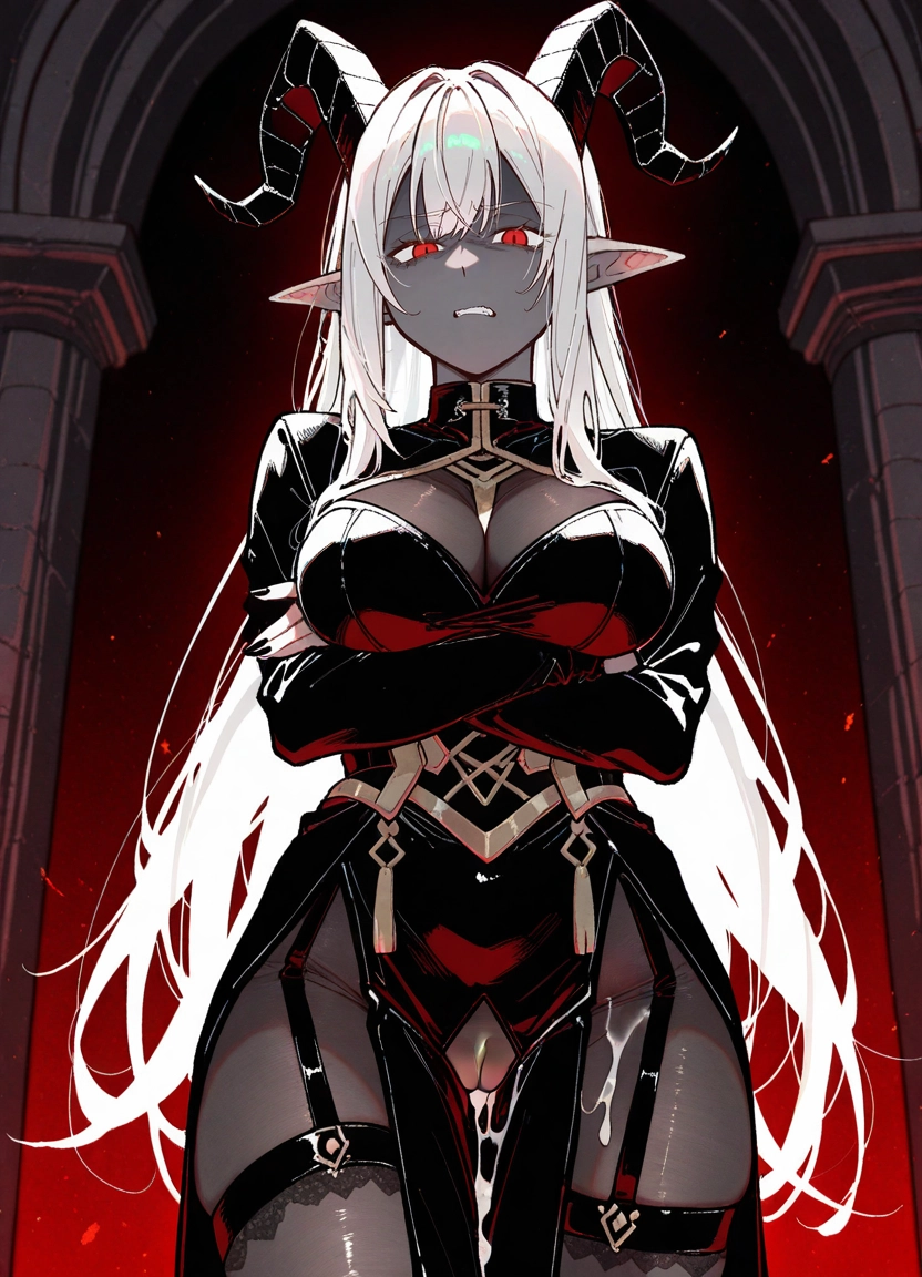 1girl, breasts, solo, red eyes, pointy ears, horns