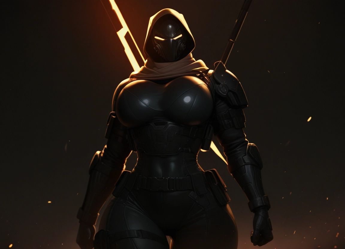 1girl, breasts, solo, weapon, large breasts, hood