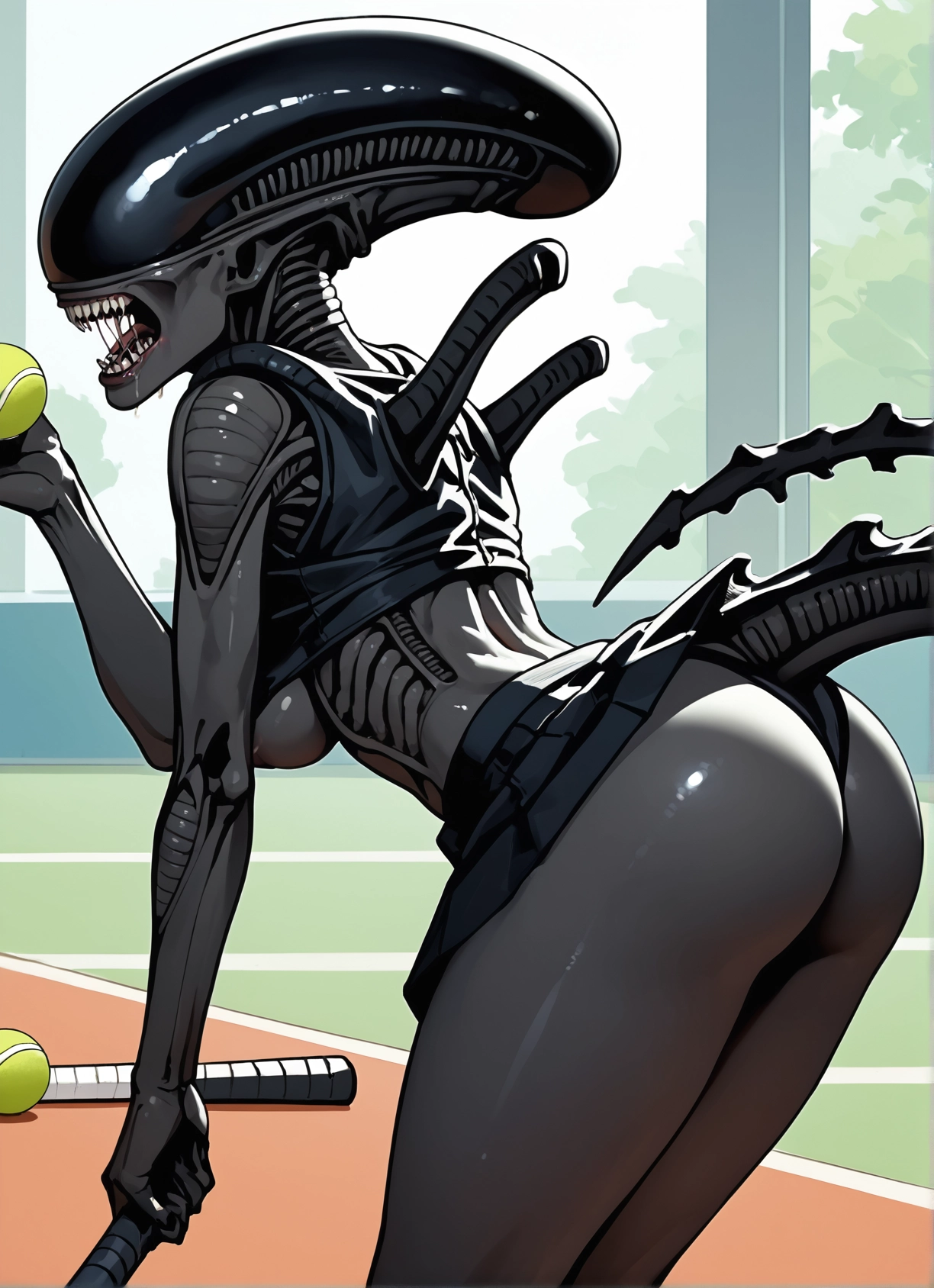 1girl, ass, tennis ball, skirt, breasts, ball