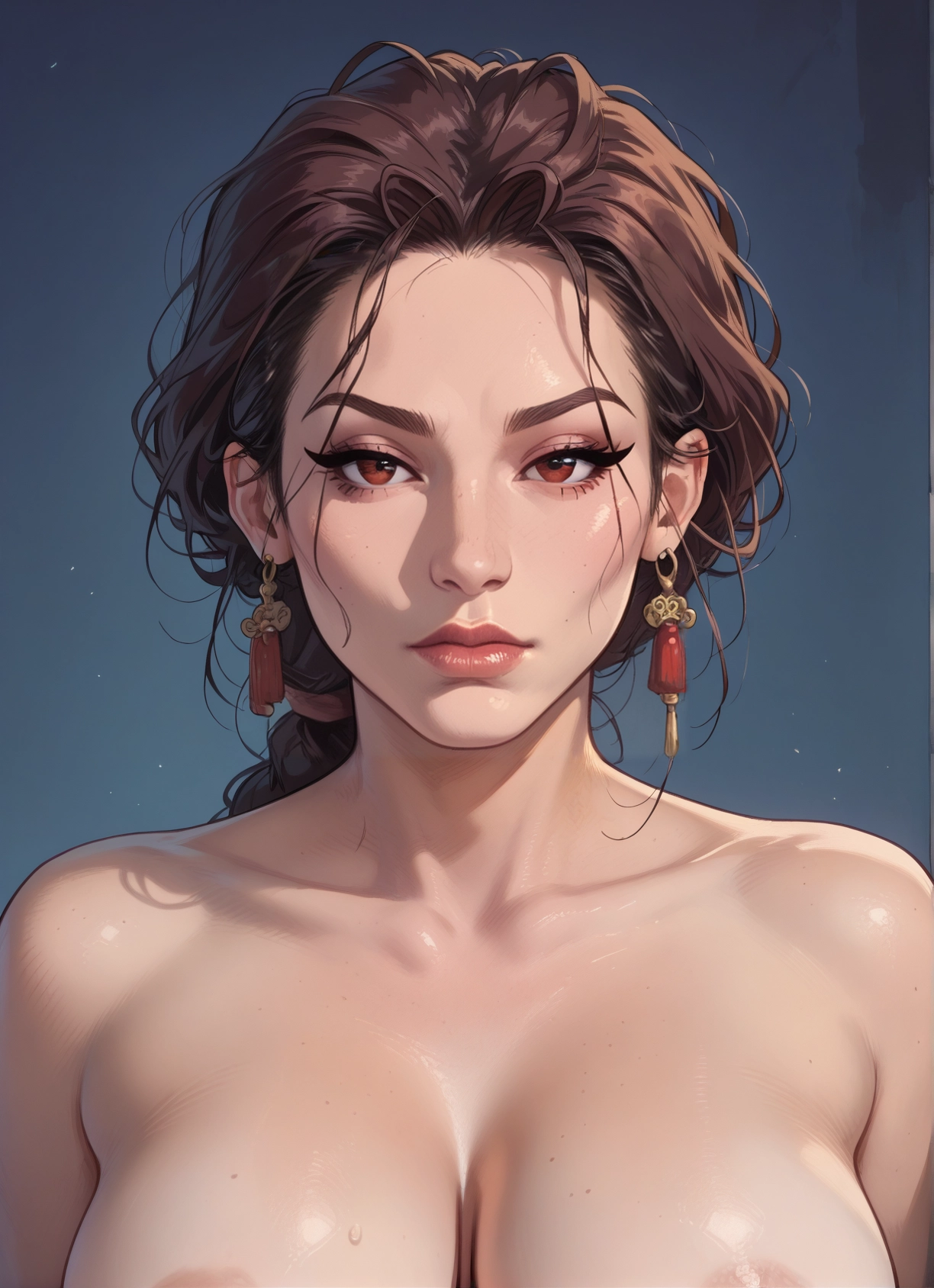 1girl, breasts, jewelry, earrings, solo, brown hair · Yamete.gg