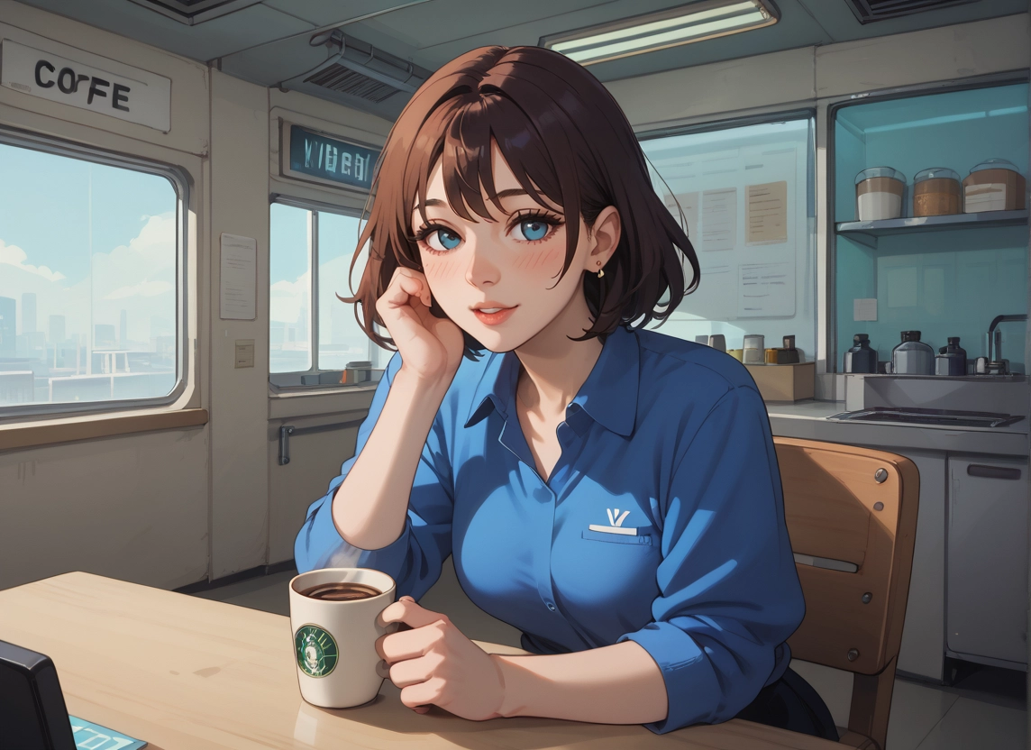 1girl, shirt, solo, coffee, blue eyes, collared shirt · Yamete.gg