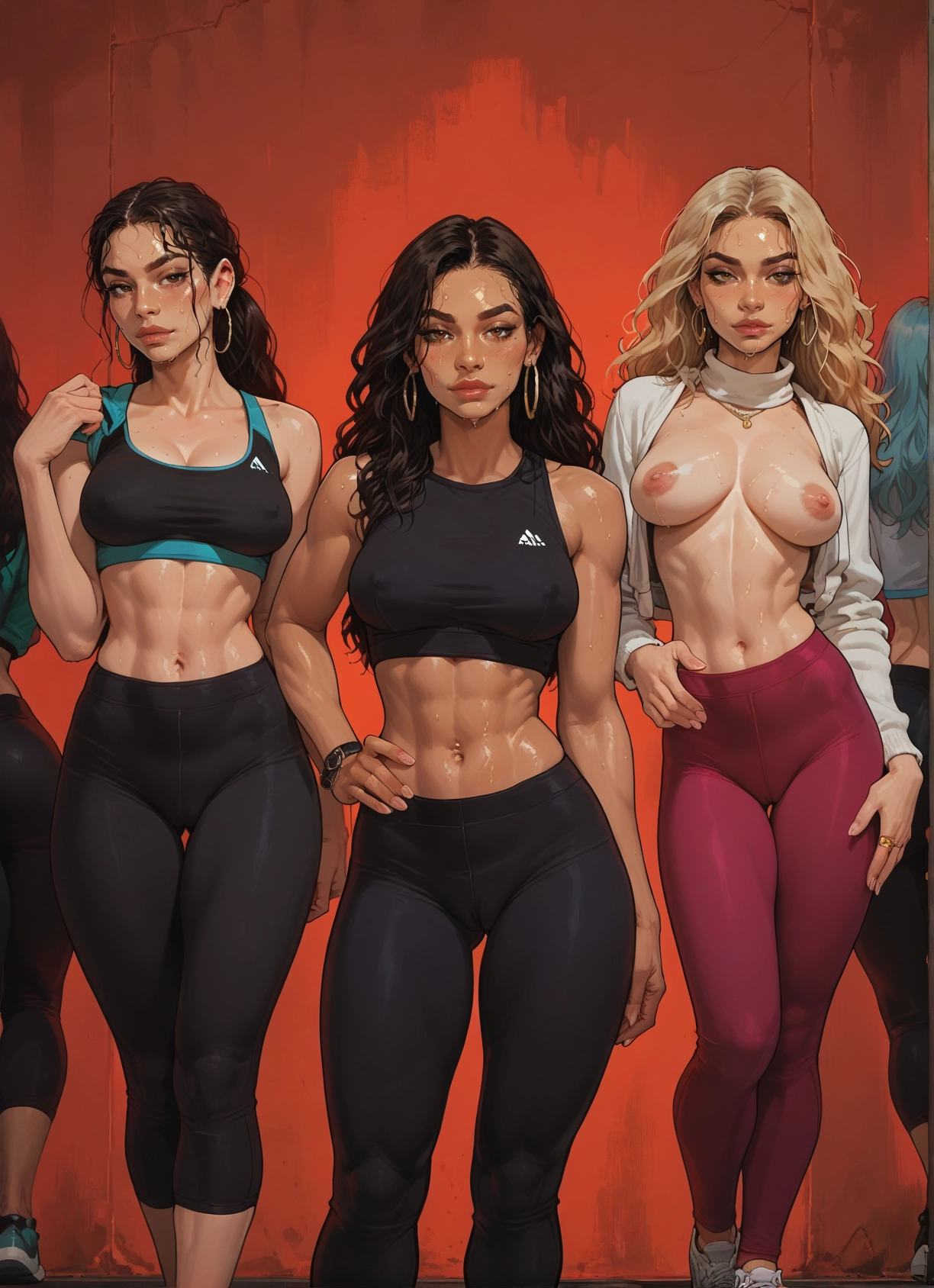 breasts, nipples, multiple girls, jewelry, earrings, abs · Yamete.gg