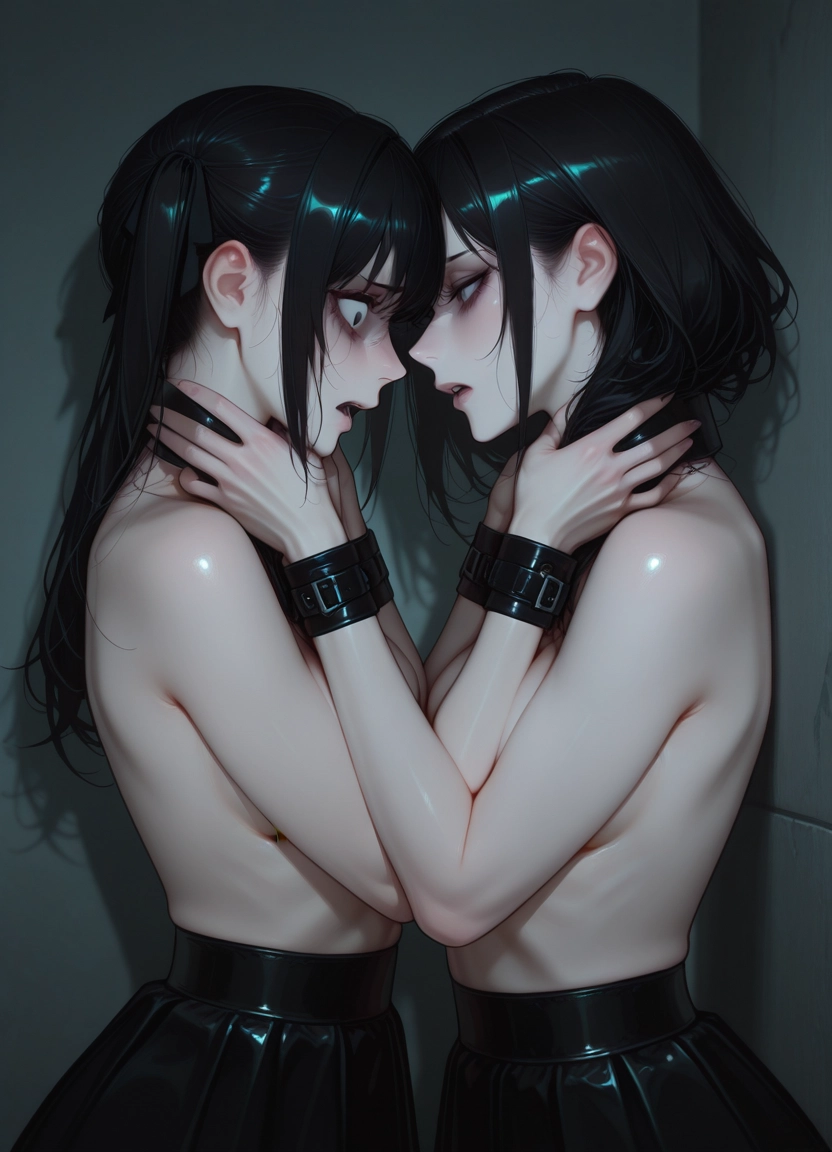 multiple girls, 2girls, black hair, topless, skirt, black skirt · Yamete.gg