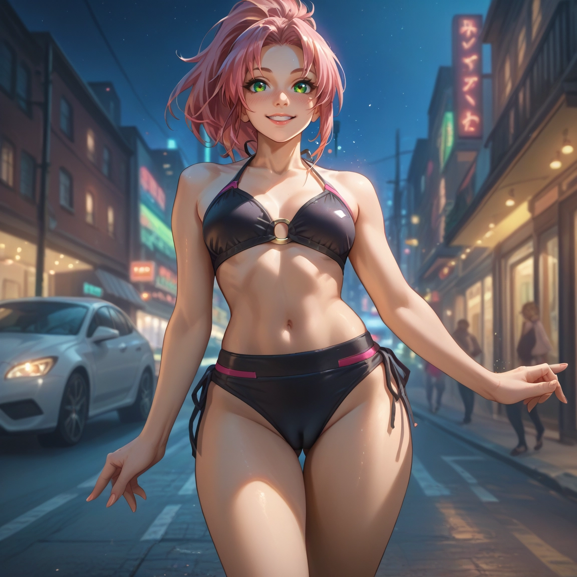 swimsuit, bikini, green eyes, pink hair, motor vehicle, ground vehicle · Yamete.gg