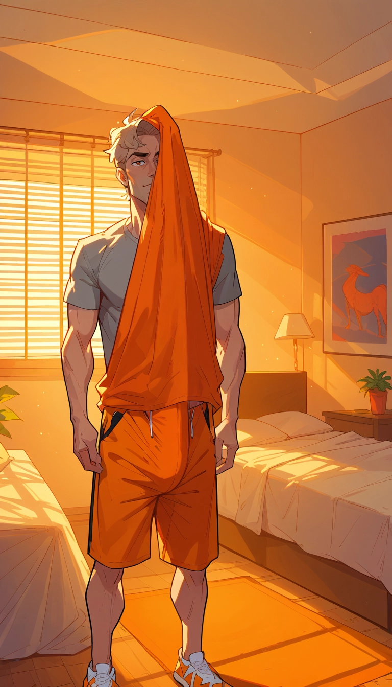 1boy, male focus, solo, shorts, indoors, shirt