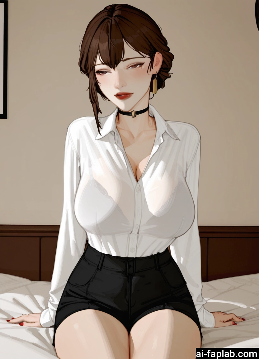 1girl, breasts, brown hair, choker, shirt, jewelry