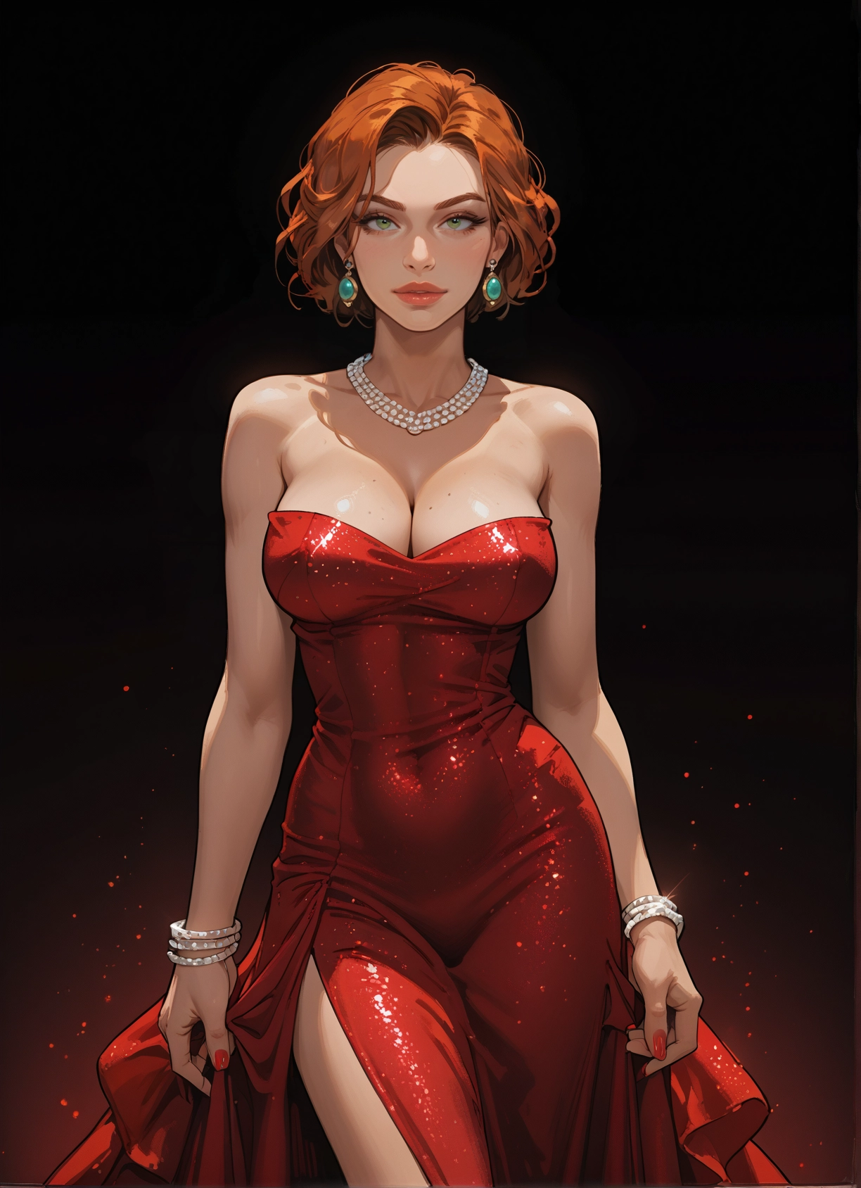 1girl, breasts, jewelry, dress, earrings, cleavage · Yamete.gg
