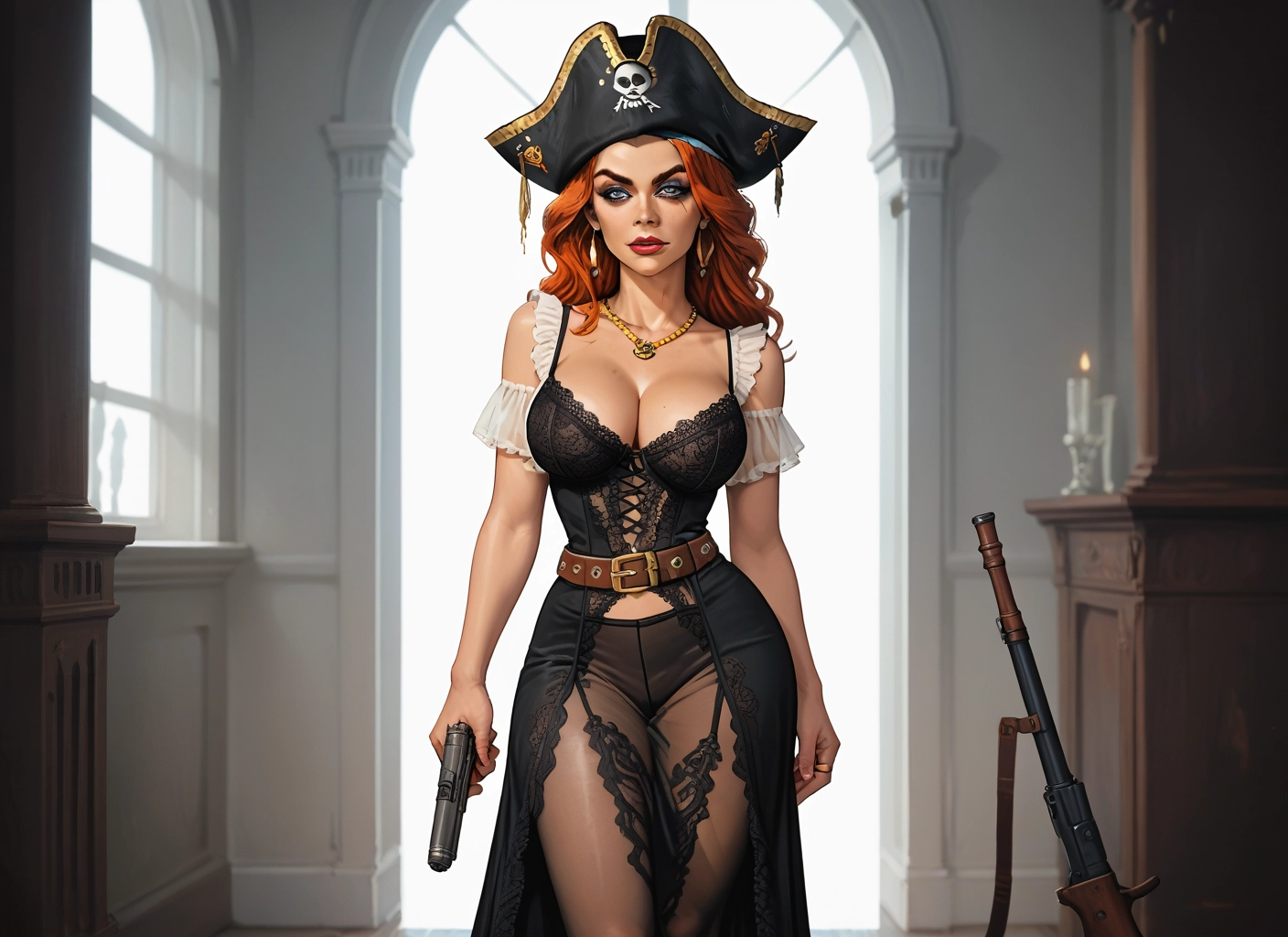 1girl, weapon, breasts, gun, hat, solo · Yamete.gg