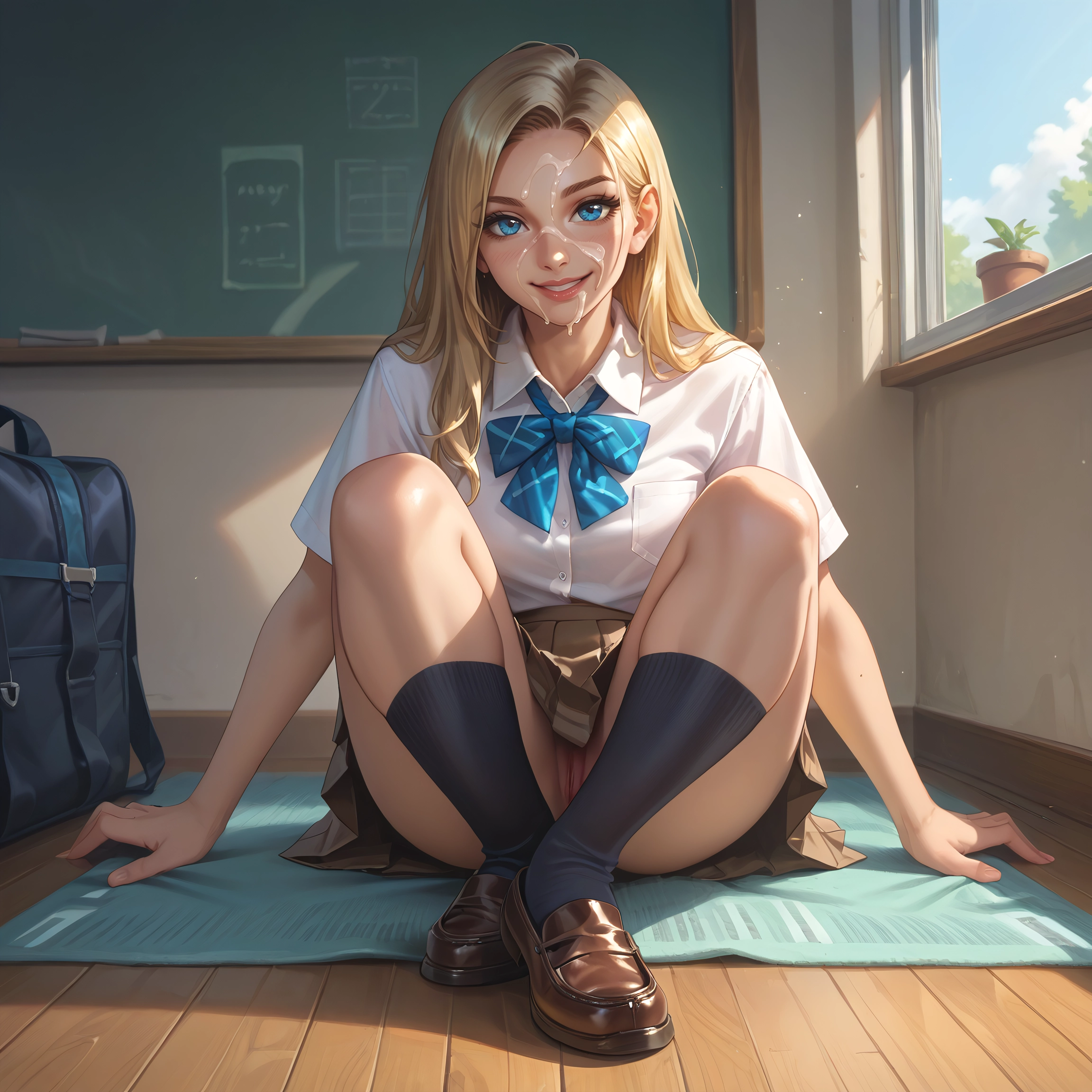 1girl, blonde hair, skirt, cum, blue eyes, solo · Yamete.gg