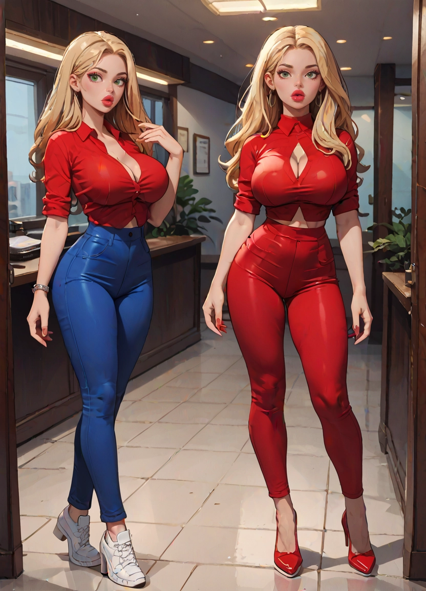 breasts, blonde hair, green eyes, pants, 1girl, cleavage · Yamete.gg
