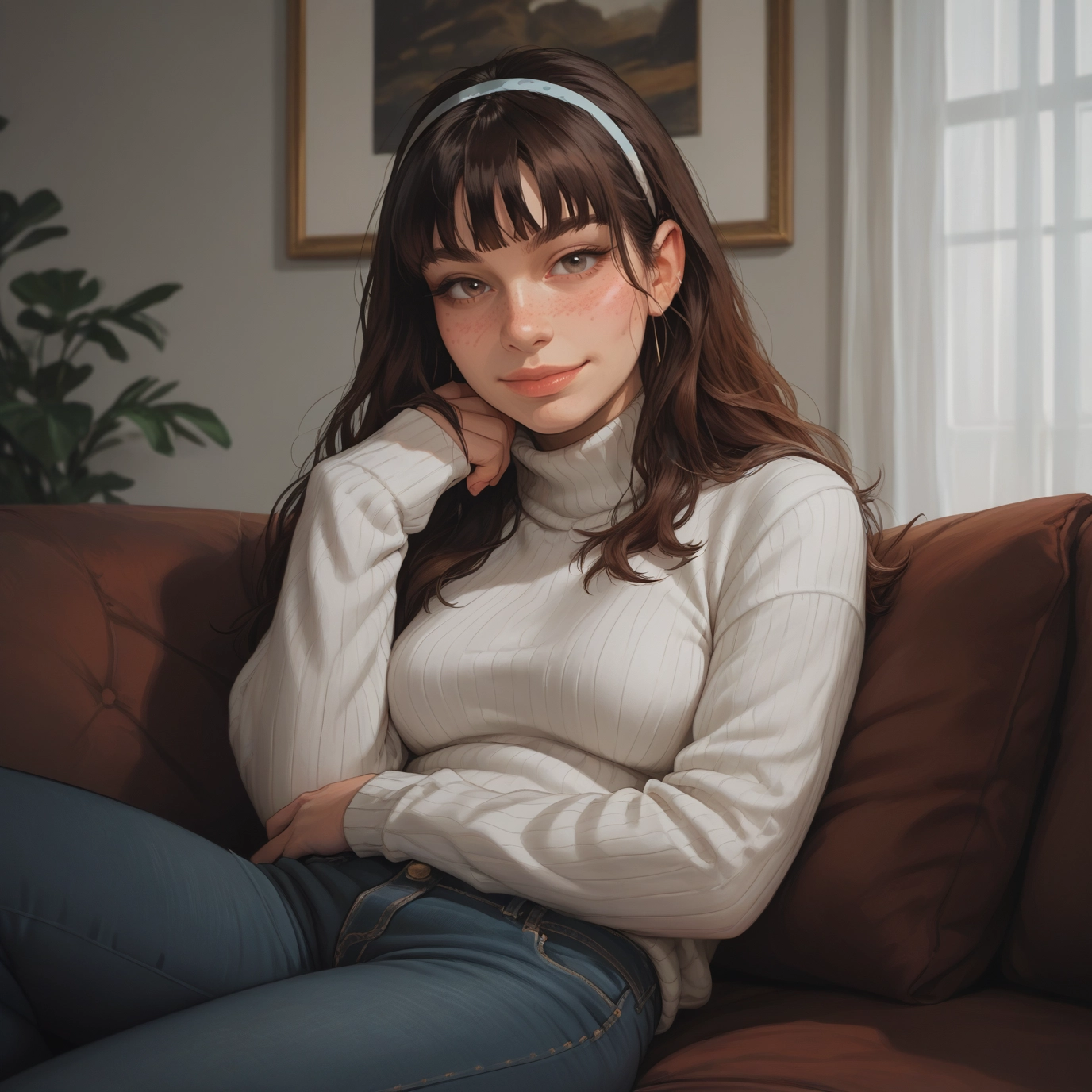 1girl, solo, pants, sweater, brown hair, denim · Yamete.gg