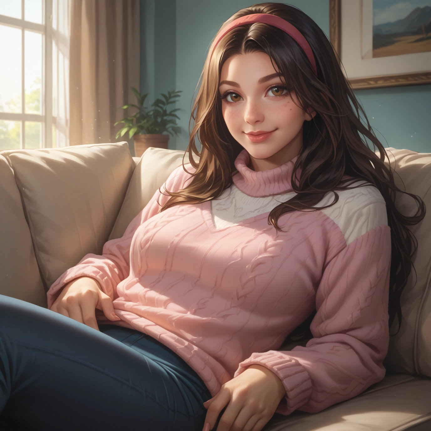 1girl, brown hair, sweater, solo, brown eyes, hairband · Yamete.gg