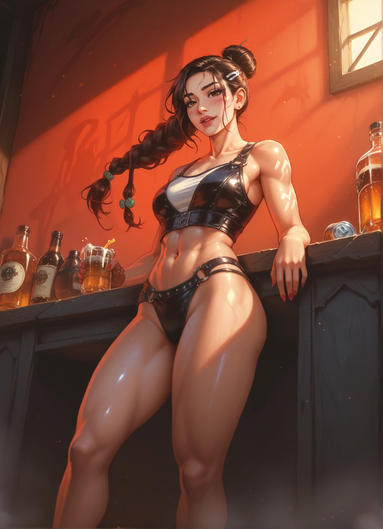 1girl, breasts, solo, navel, hair ornament, brown eyes · Yamete.gg