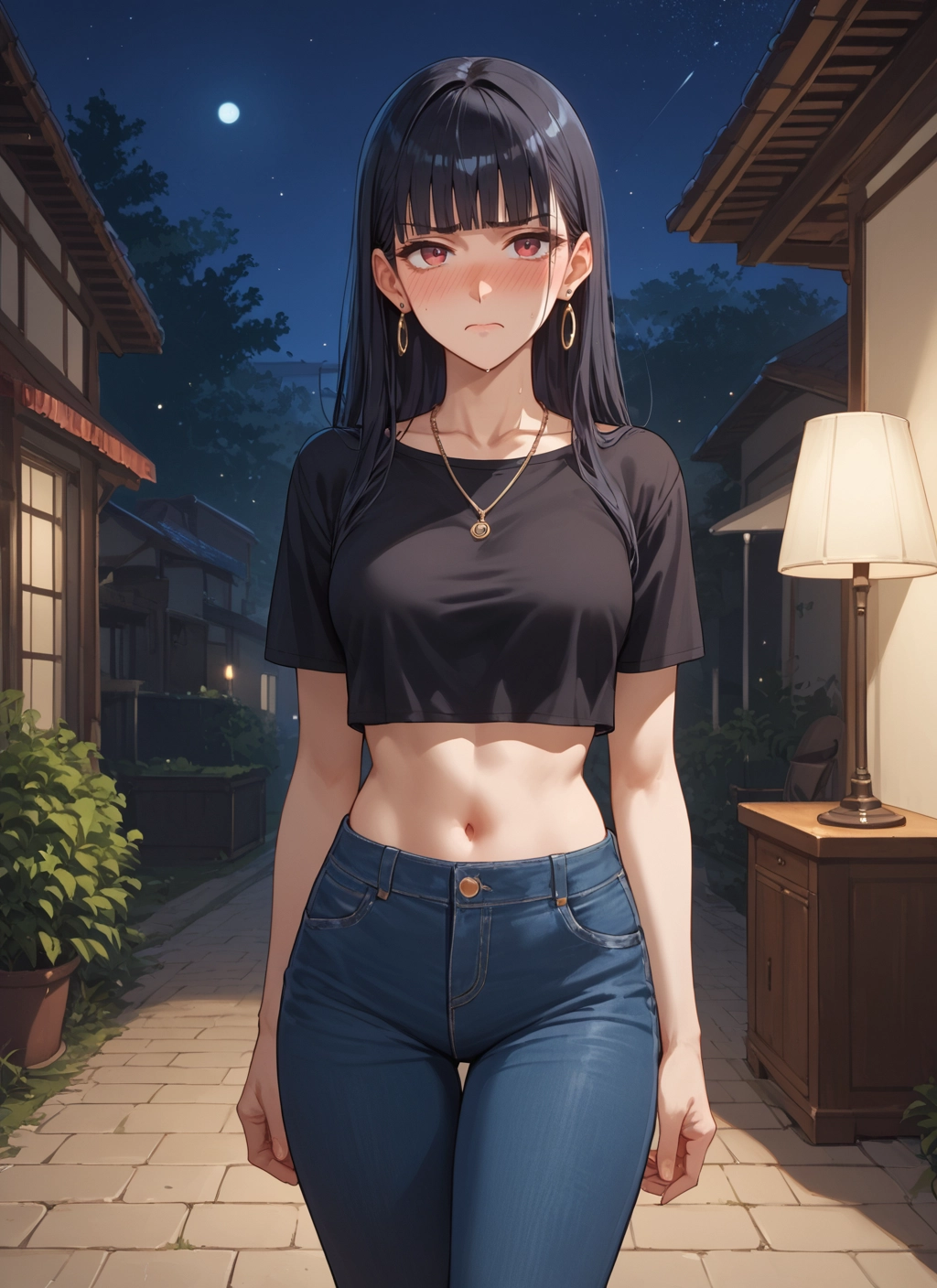 1girl, jewelry, navel, earrings, black hair, pants · Yamete.gg