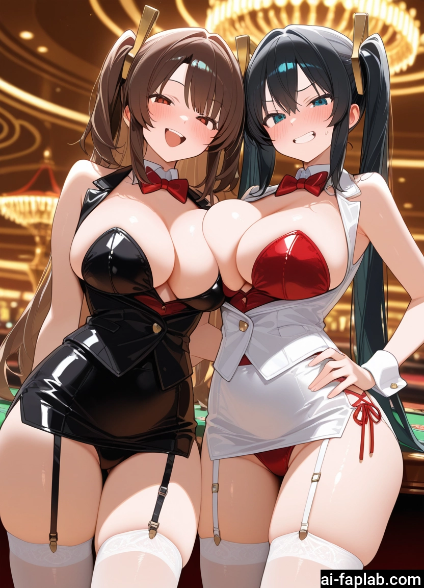 breasts, multiple girls, 2girls, thighhighs, large breasts, long hair · Yamete.gg
