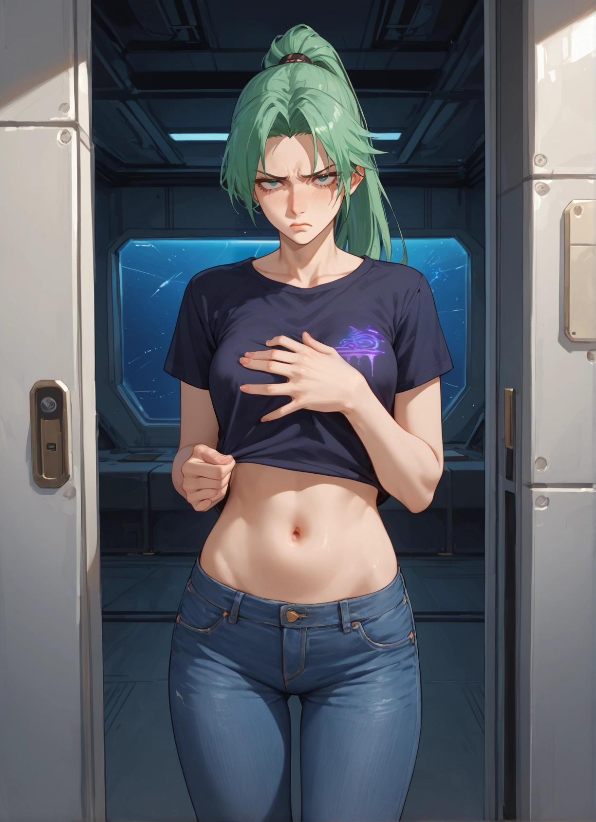 1girl, navel, pants, denim, shirt, jeans · Yamete.gg