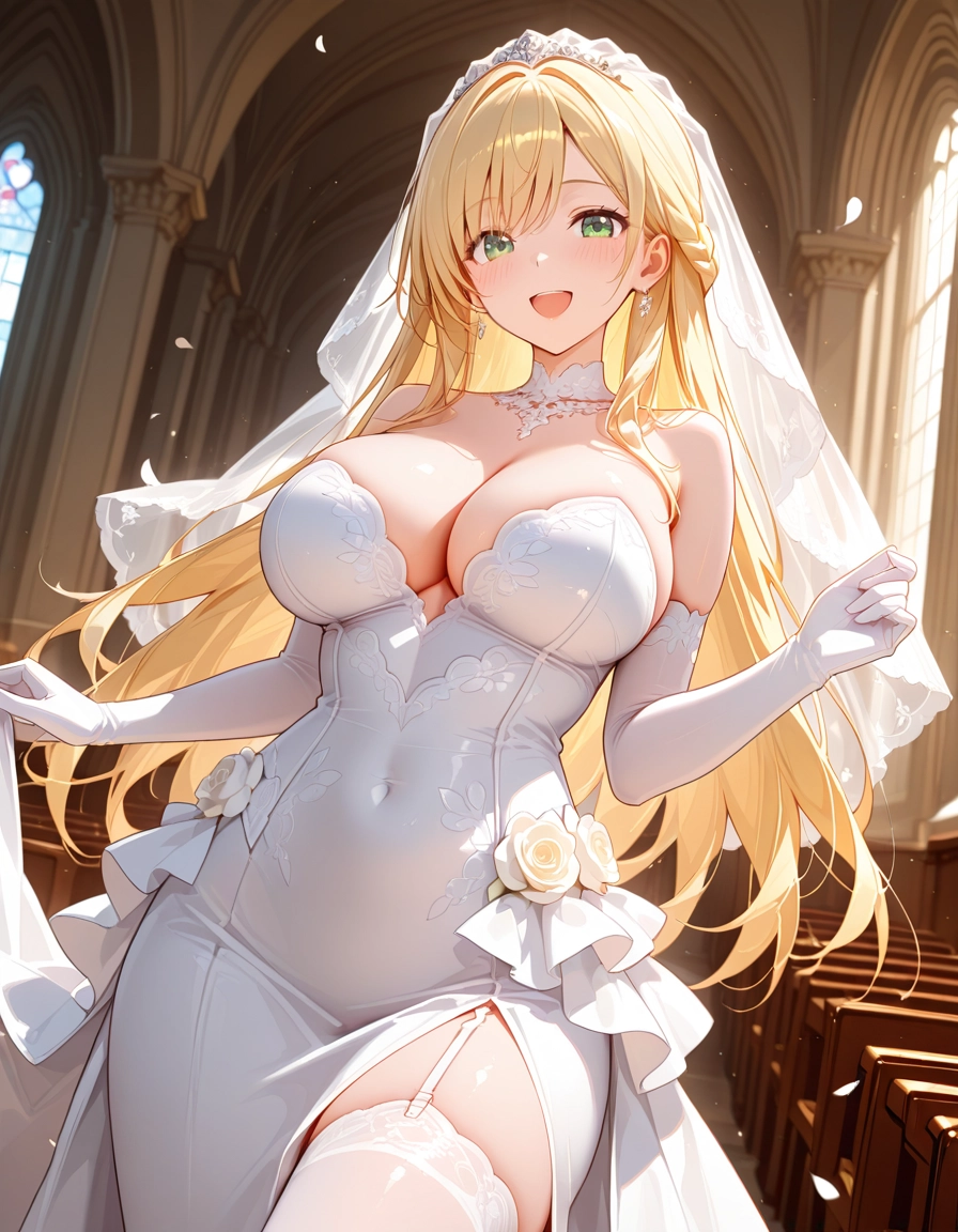 1girl, breasts, dress, blonde hair, green eyes, solo · Yamete.gg