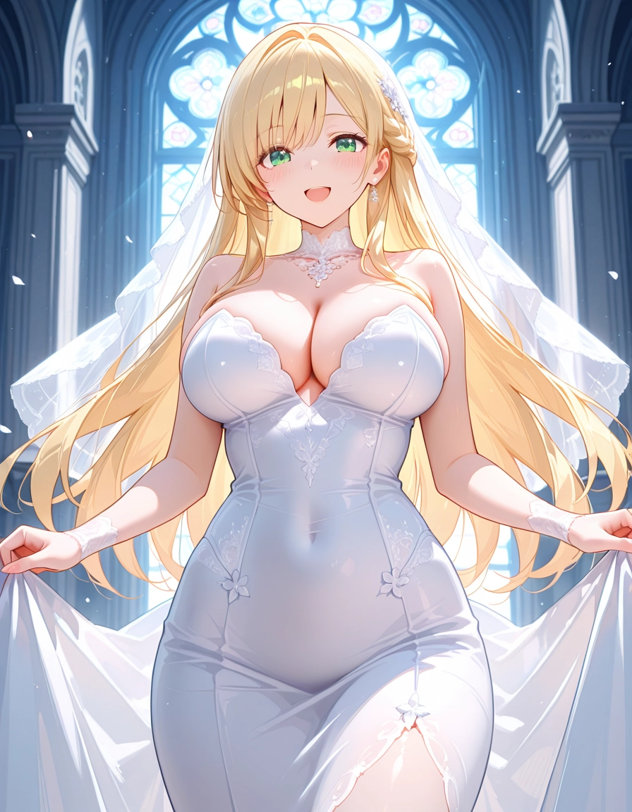 1girl, breasts, dress, solo, blonde hair, green eyes · Yamete.gg