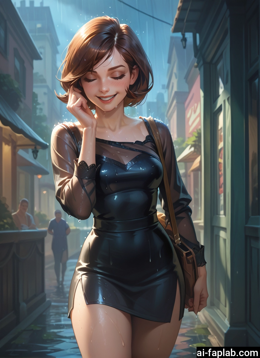 1girl, rain, closed eyes, brown hair, wet, smile · Yamete.gg