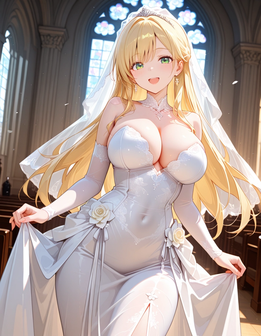 1girl, breasts, dress, blonde hair, green eyes, solo · Yamete.gg