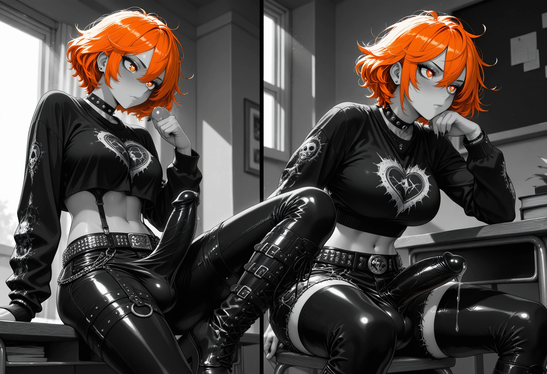 futanari, indoors, crop top, erection, penis, sitting · Yamete.gg