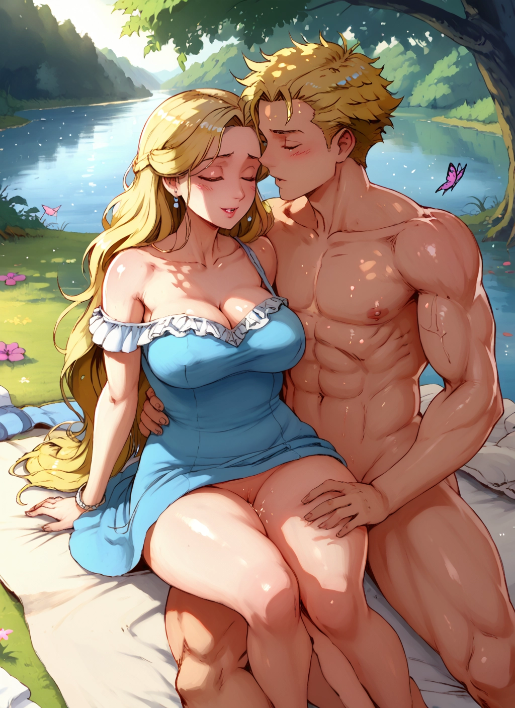 1girl, 1boy, blonde hair, breasts, hetero, dress · Yamete.gg