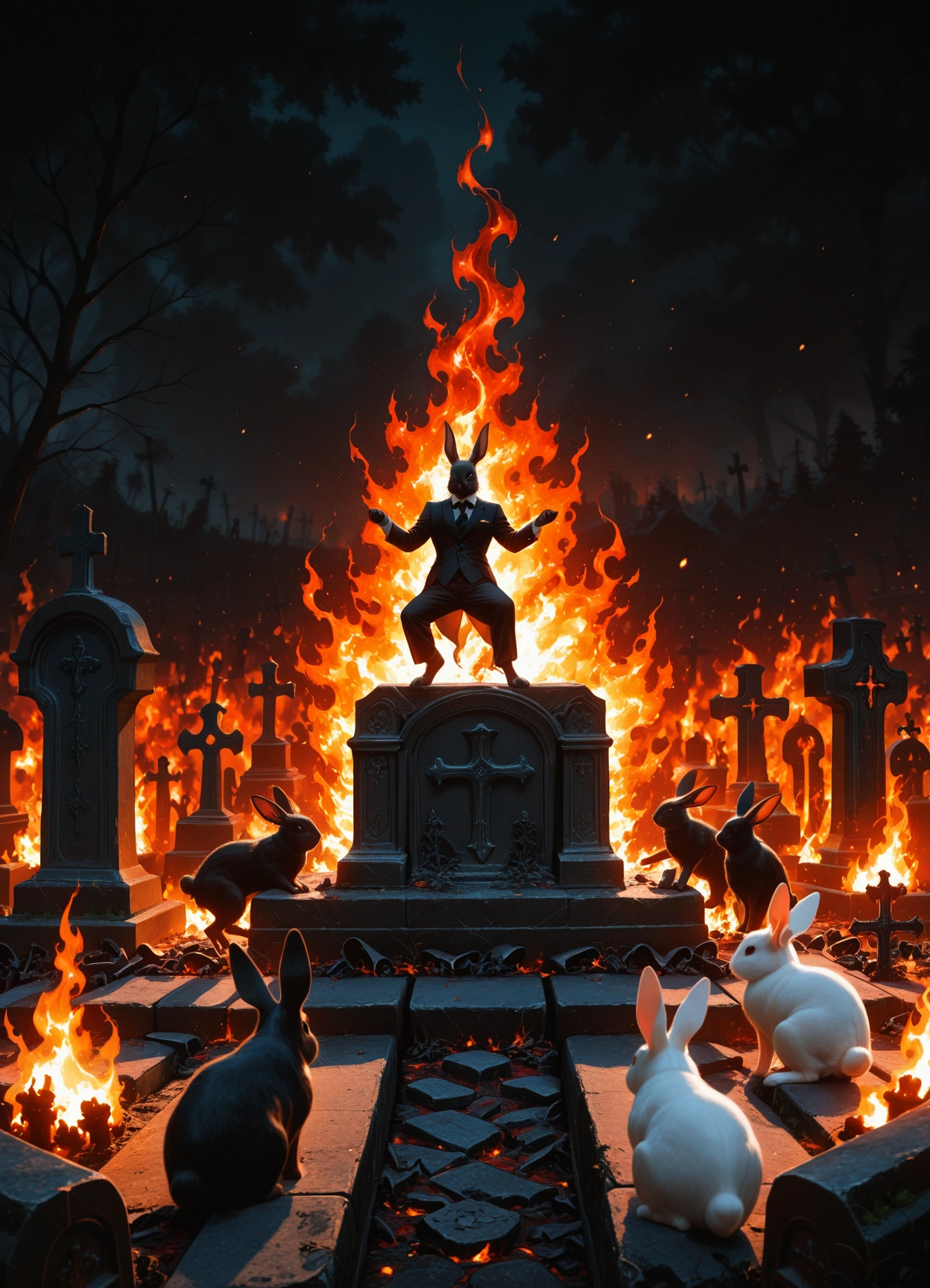 bunny, fire, 1boy, tree, tombstone, graveyard · Yamete.gg