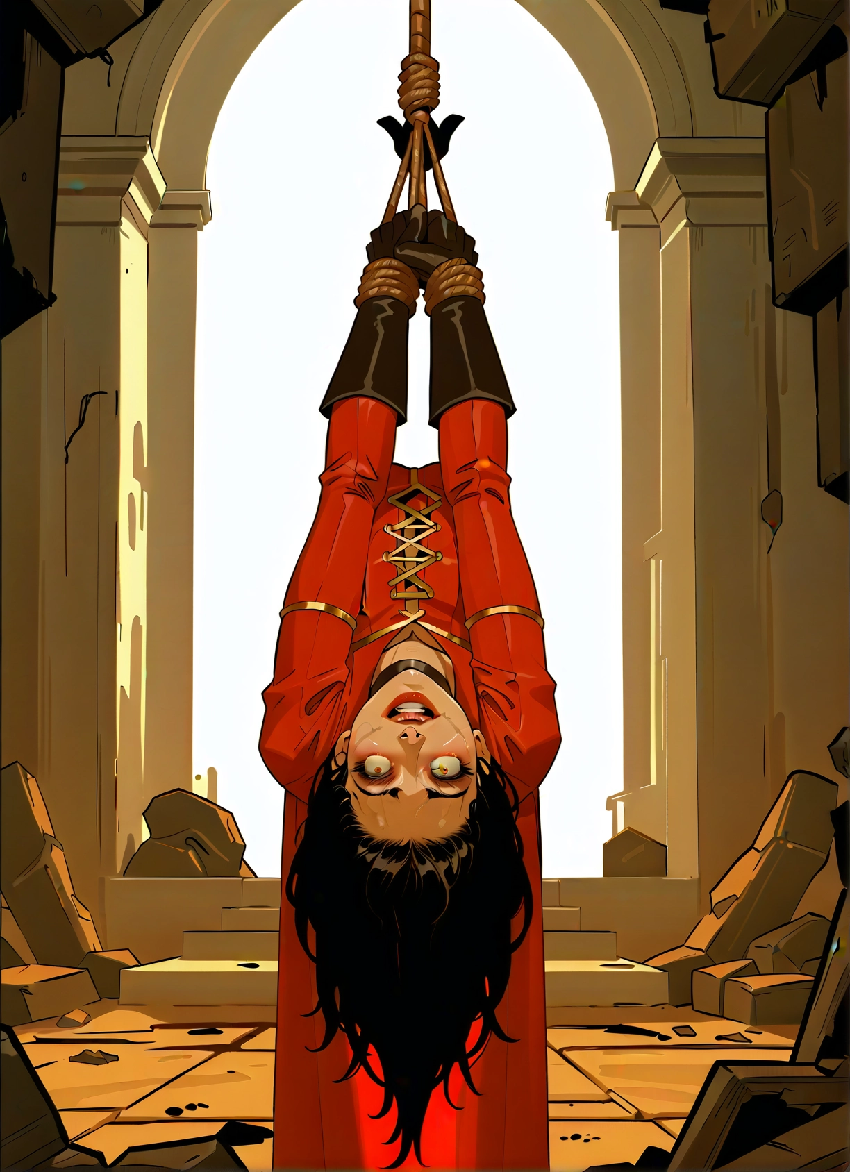solo, bound, gloves, rope, 1girl, upside-down · Yamete.gg